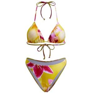 Bikini Set Floral Print Tie Halter Swimsuit Yellow Pink New w‎ tags Size Small